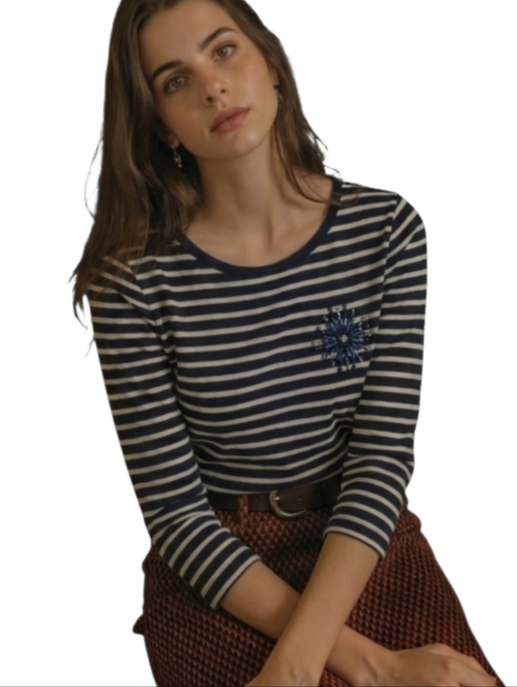 J.Crew Bejeweled Striped Long Sleeves Painter's Cotton Top W/ Flower Brooch Sz:S
